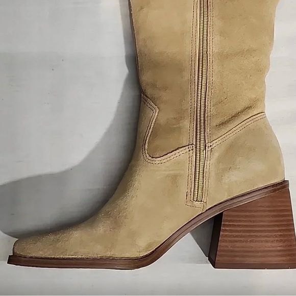 Vince Camuto Tan Sangeti High Boot Square Toe Block Heel Genuine Suede Leather - Picture 5 of 10